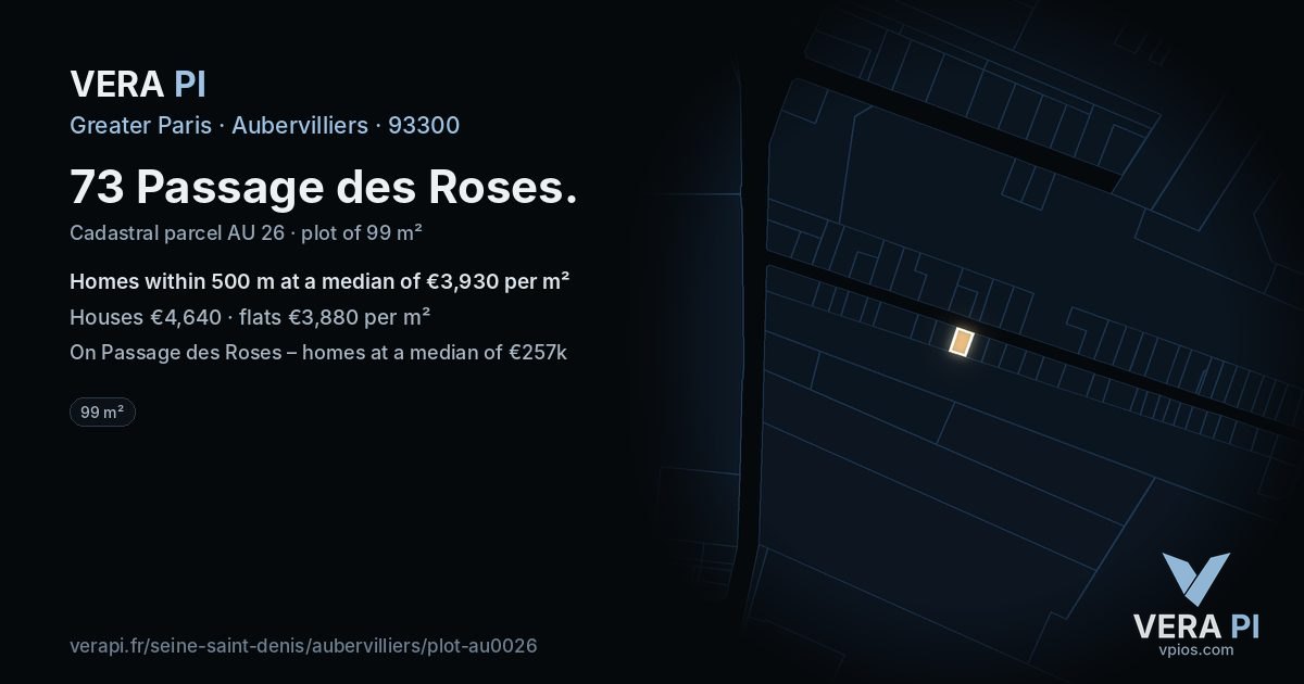 73 Passage des Roses, Aubervilliers at night – the plot lit, the parcels around coloured by the prices near them