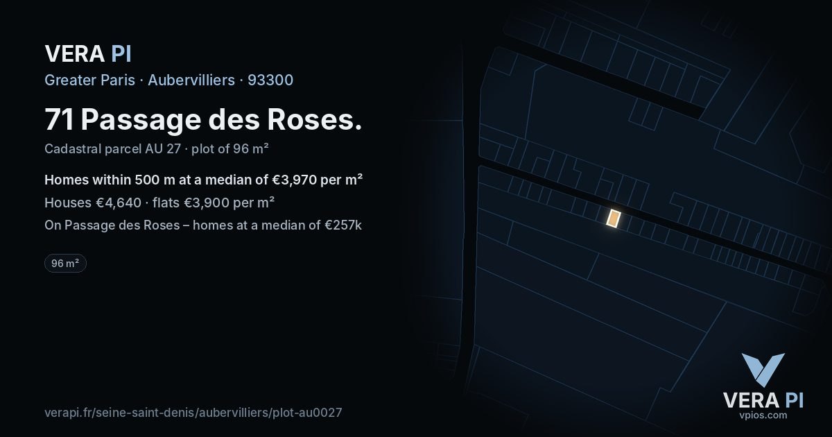 71 Passage des Roses, Aubervilliers at night – the plot lit, the parcels around coloured by the prices near them