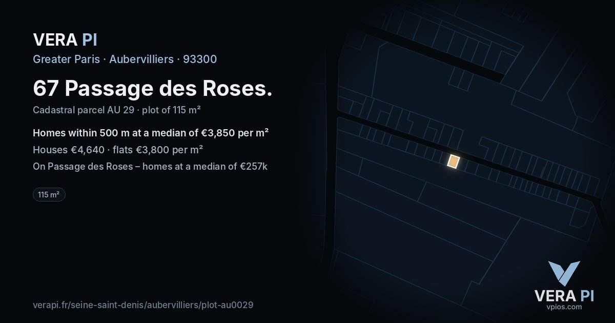 67 Passage des Roses, Aubervilliers at night – the plot lit, the parcels around coloured by the prices near them