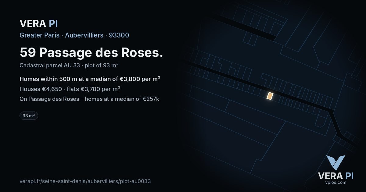 59 Passage des Roses, Aubervilliers at night – the plot lit, the parcels around coloured by the prices near them