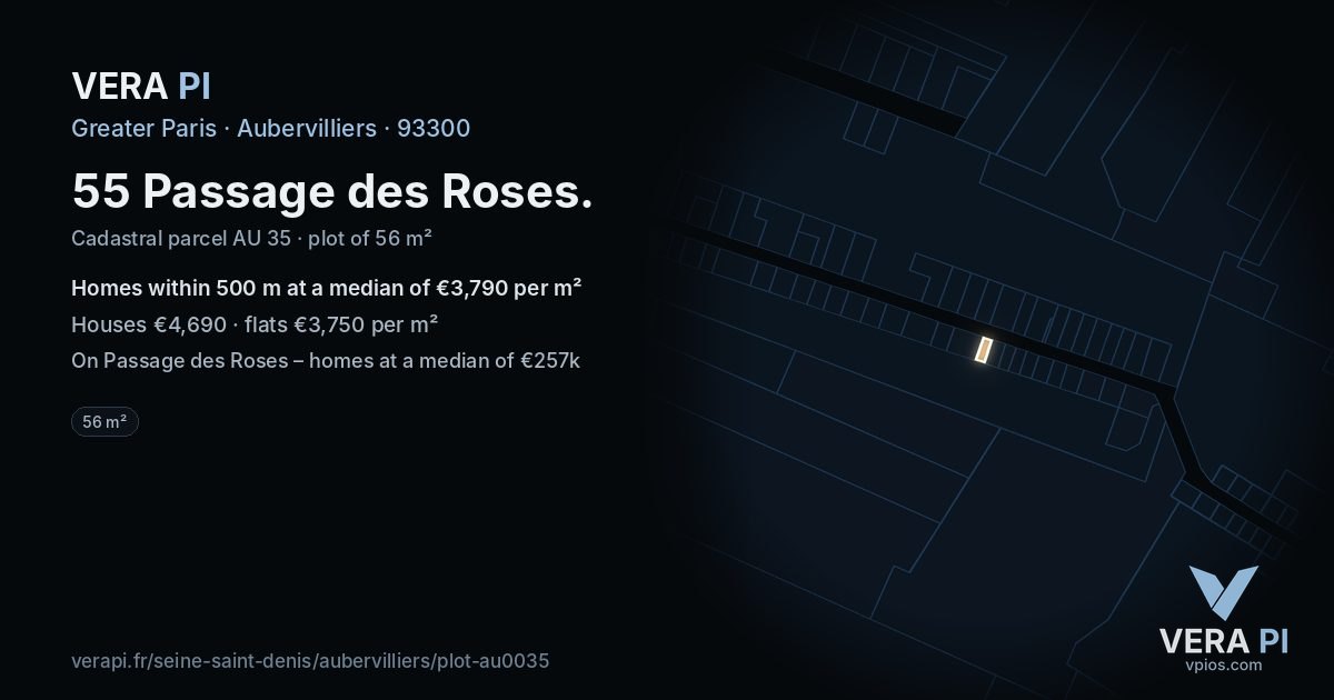 55 Passage des Roses, Aubervilliers at night – the plot lit, the parcels around coloured by the prices near them
