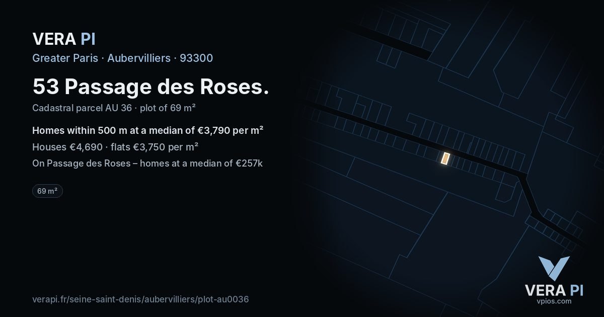 53 Passage des Roses, Aubervilliers at night – the plot lit, the parcels around coloured by the prices near them