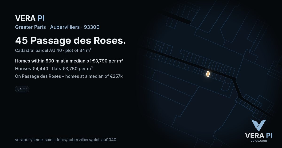 45 Passage des Roses, Aubervilliers at night – the plot lit, the parcels around coloured by the prices near them