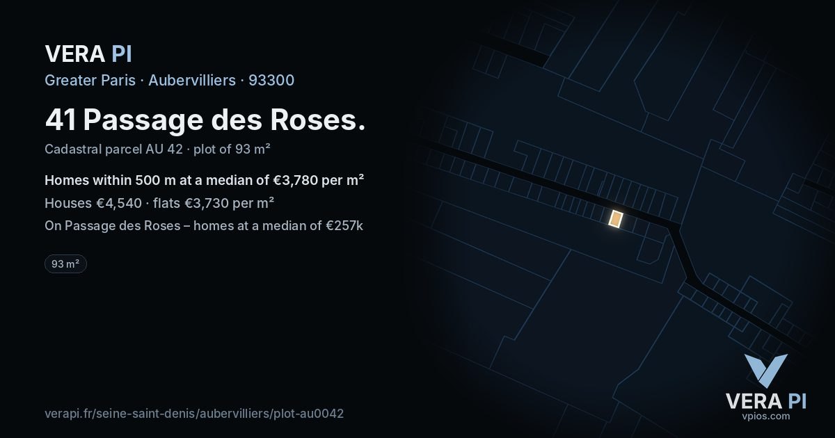 41 Passage des Roses, Aubervilliers at night – the plot lit, the parcels around coloured by the prices near them