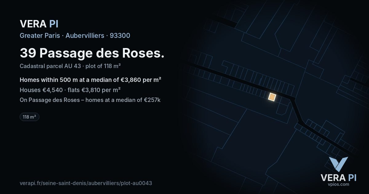 39 Passage des Roses, Aubervilliers at night – the plot lit, the parcels around coloured by the prices near them