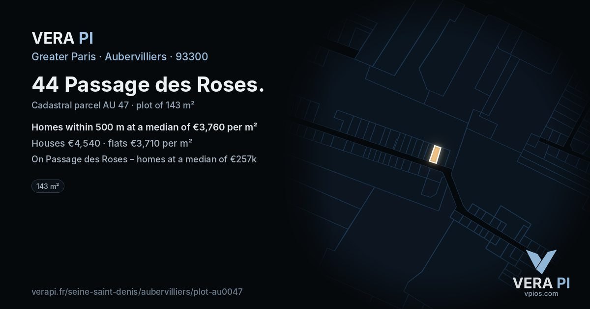 44 Passage des Roses, Aubervilliers at night – the plot lit, the parcels around coloured by the prices near them