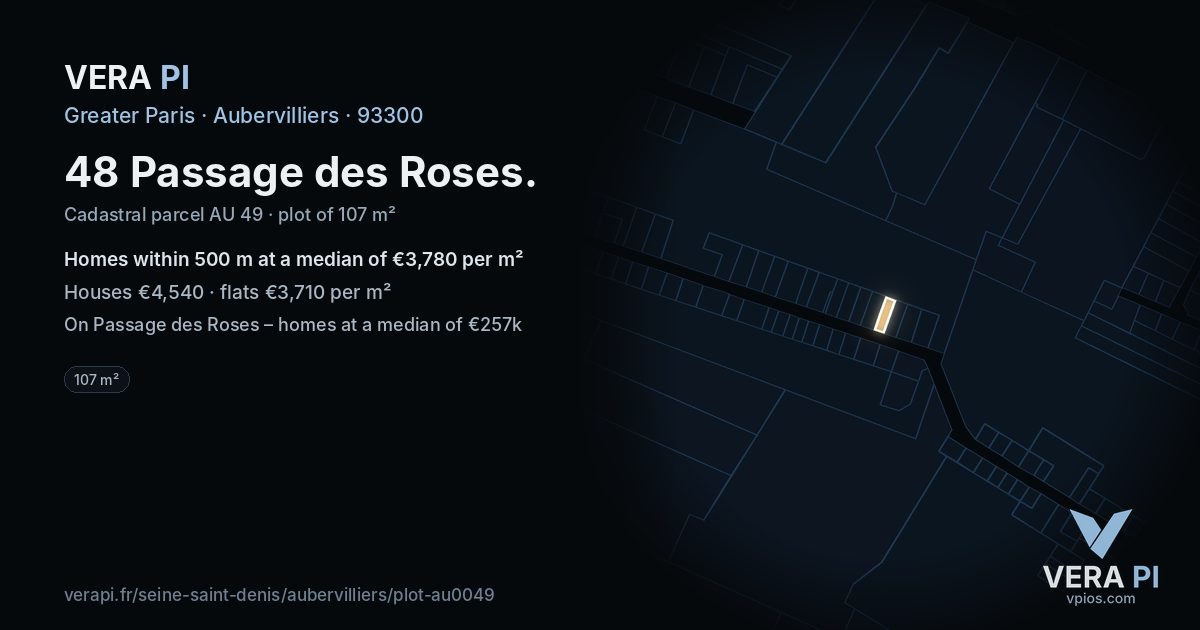 48 Passage des Roses, Aubervilliers at night – the plot lit, the parcels around coloured by the prices near them