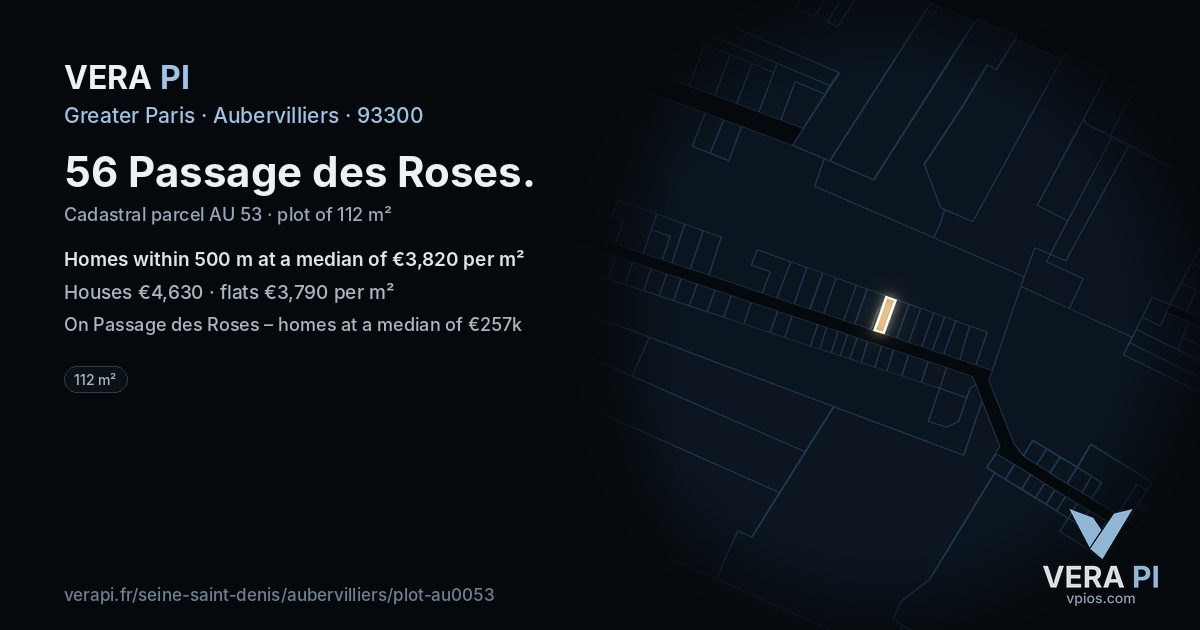 56 Passage des Roses, Aubervilliers at night – the plot lit, the parcels around coloured by the prices near them