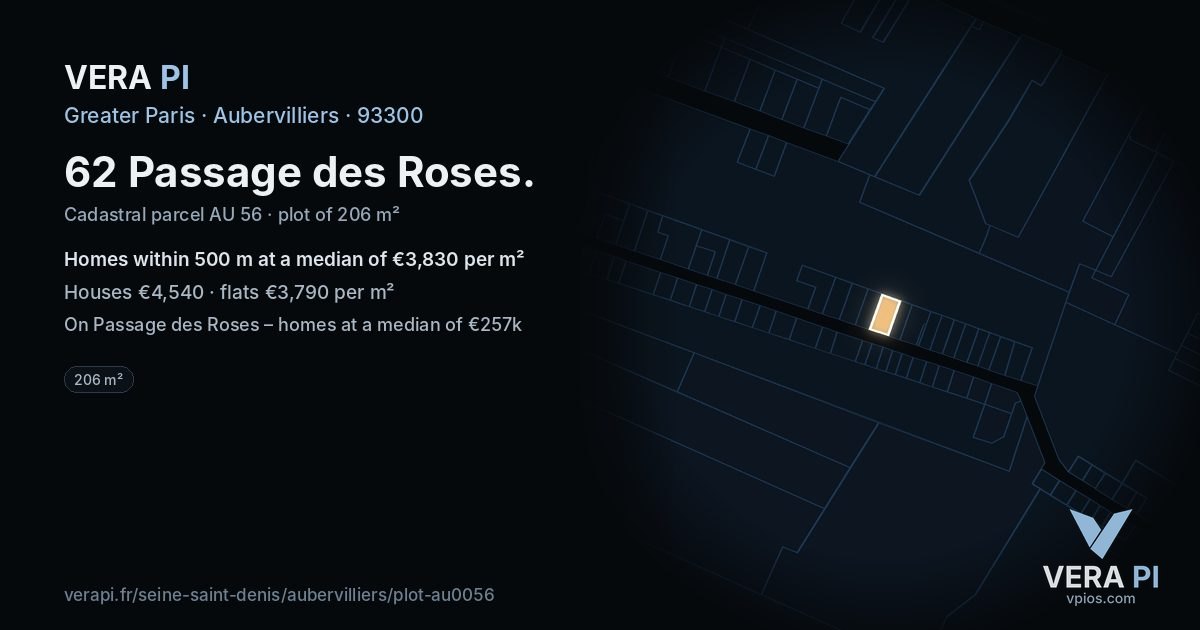 62 Passage des Roses, Aubervilliers at night – the plot lit, the parcels around coloured by the prices near them