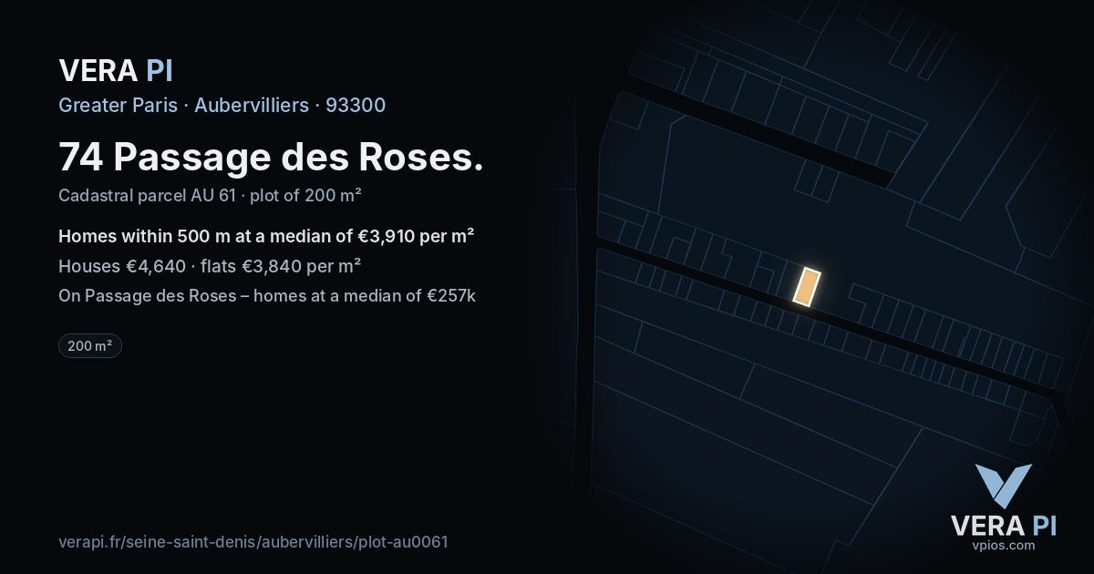 74 Passage des Roses, Aubervilliers at night – the plot lit, the parcels around coloured by the prices near them