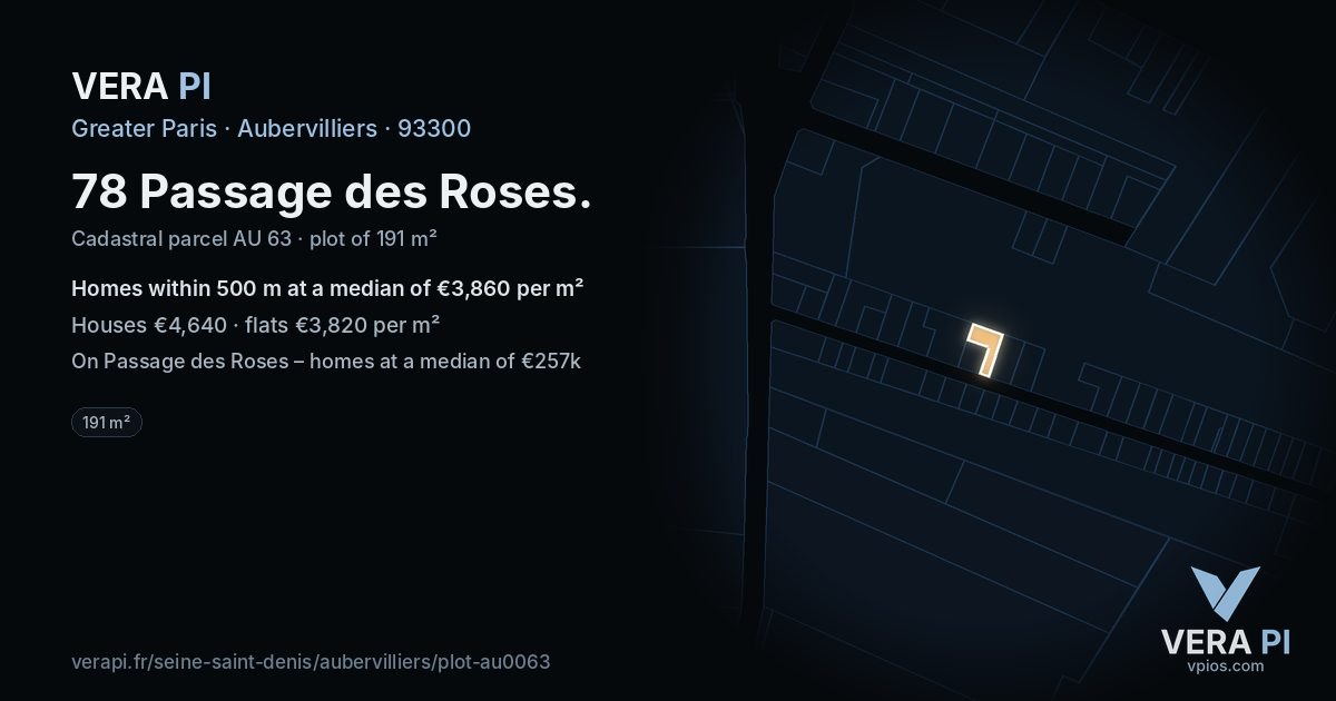 78 Passage des Roses, Aubervilliers at night – the plot lit, the parcels around coloured by the prices near them