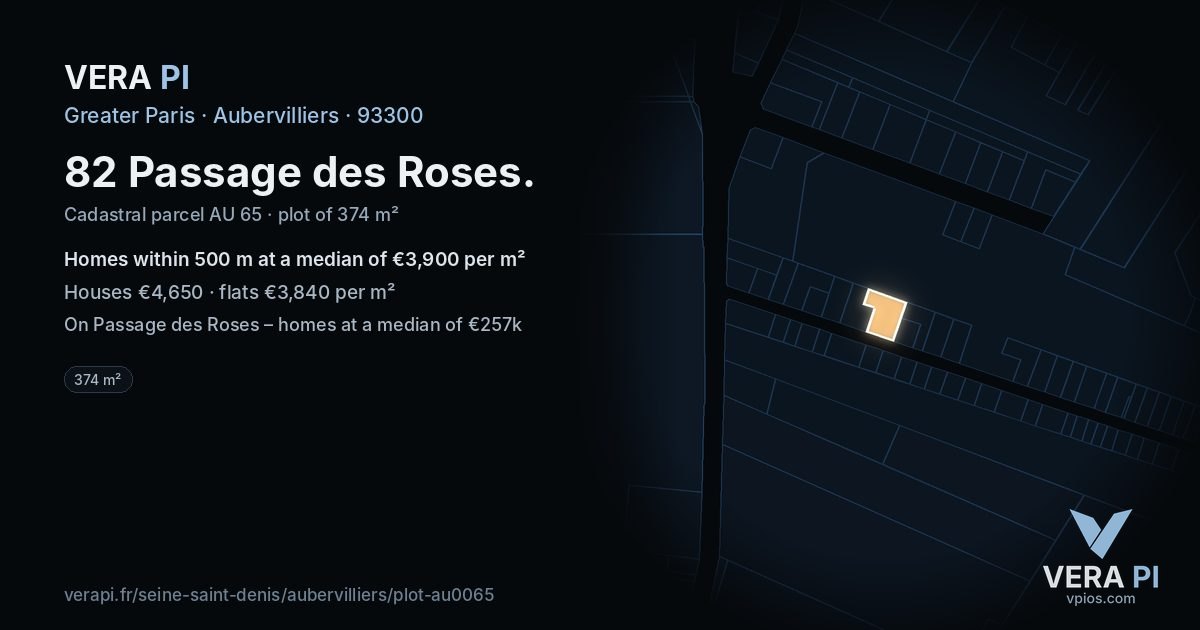 82 Passage des Roses, Aubervilliers at night – the plot lit, the parcels around coloured by the prices near them