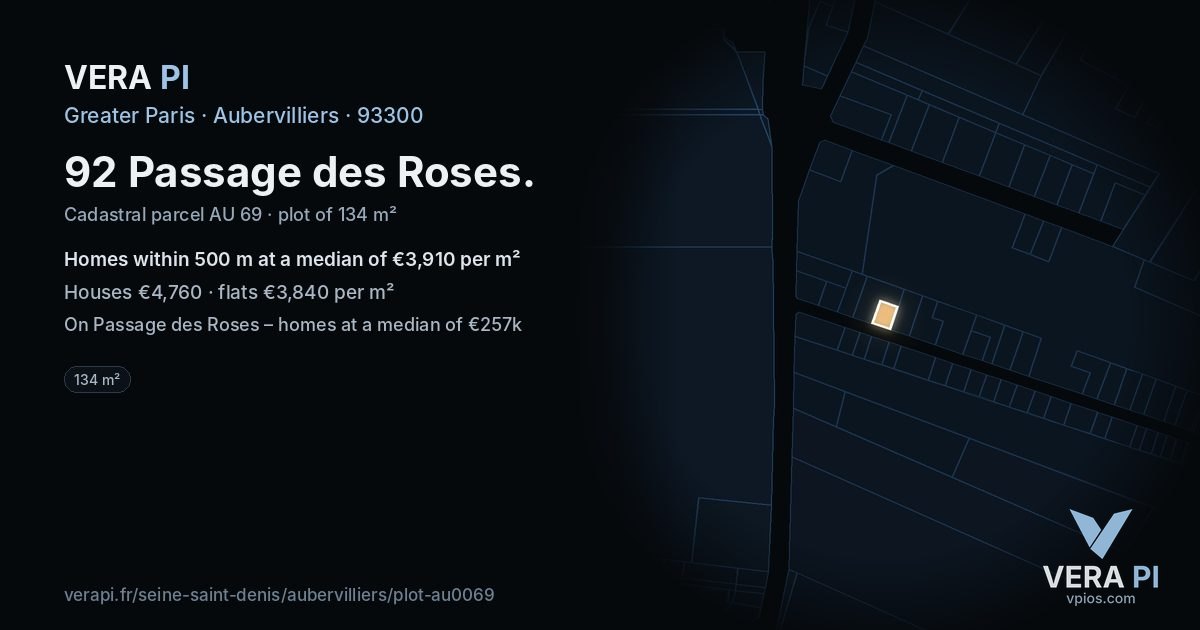 92 Passage des Roses, Aubervilliers at night – the plot lit, the parcels around coloured by the prices near them