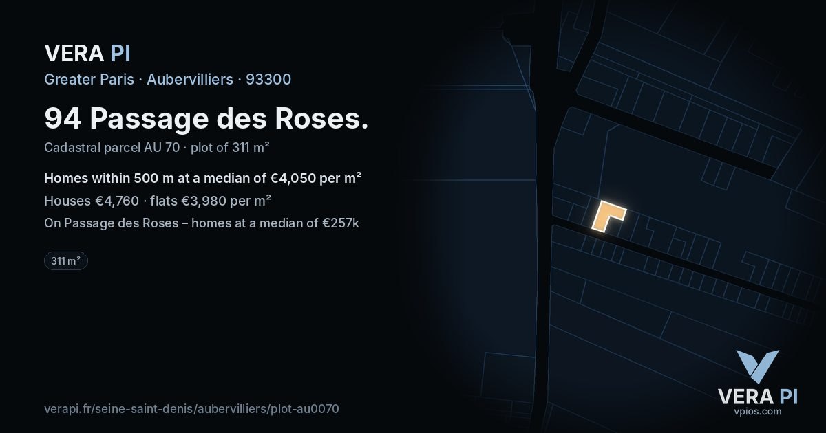 94 Passage des Roses, Aubervilliers at night – the plot lit, the parcels around coloured by the prices near them