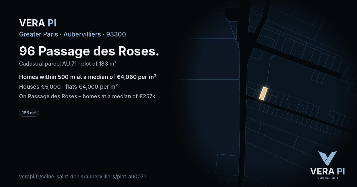 96 Passage des Roses, Aubervilliers at night – the plot lit, the parcels around coloured by the prices near them