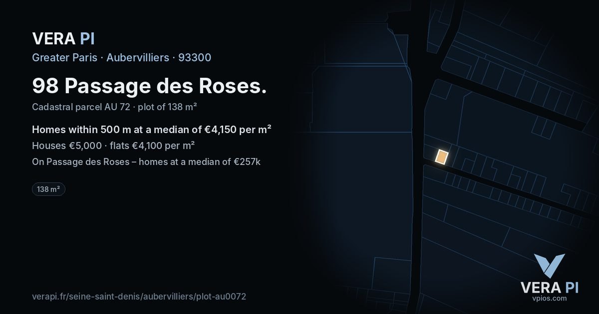 98 Passage des Roses, Aubervilliers at night – the plot lit, the parcels around coloured by the prices near them