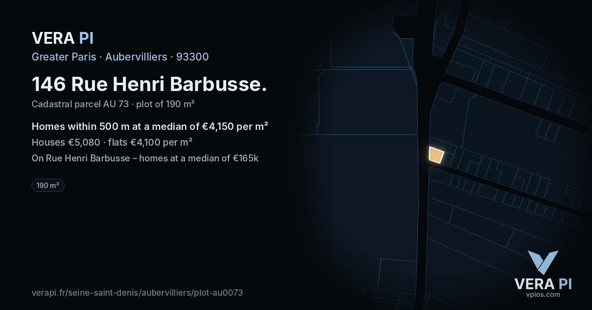 146 Rue Henri Barbusse, Aubervilliers at night – the plot lit, the parcels around coloured by the prices near them