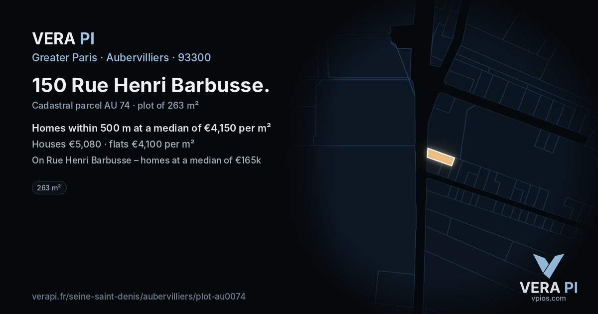 150 Rue Henri Barbusse, Aubervilliers at night – the plot lit, the parcels around coloured by the prices near them