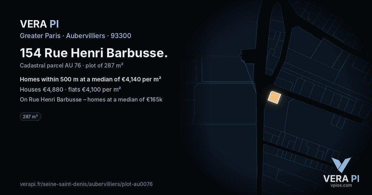 154 Rue Henri Barbusse, Aubervilliers at night – the plot lit, the parcels around coloured by the prices near them