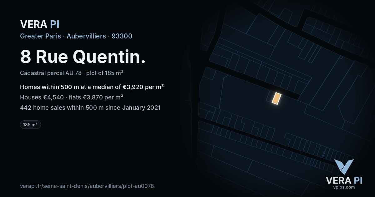 8 Rue Quentin, Aubervilliers at night – the plot lit, the parcels around coloured by the prices near them