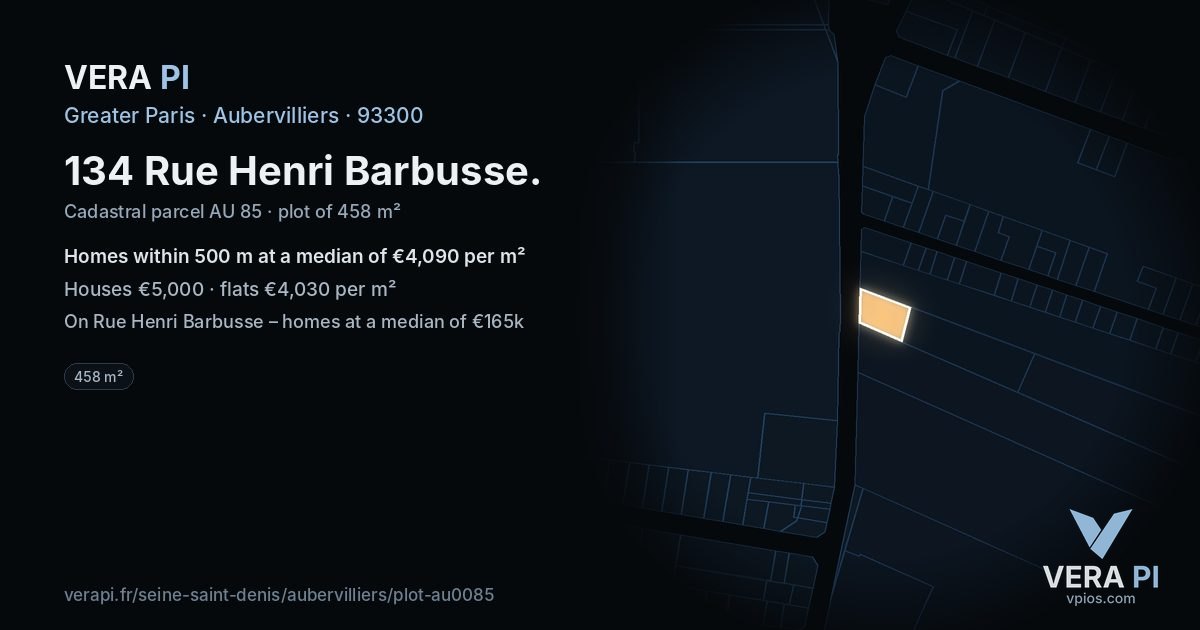 134 Rue Henri Barbusse, Aubervilliers at night – the plot lit, the parcels around coloured by the prices near them