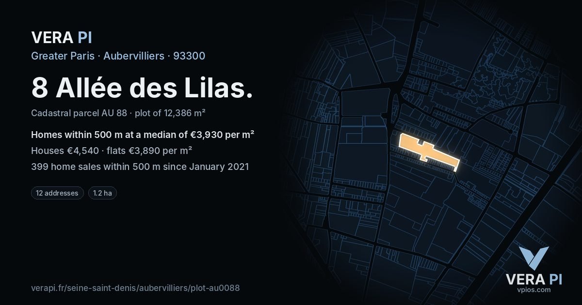 8 Allée des Lilas, Aubervilliers at night – the plot lit, the parcels around coloured by the prices near them
