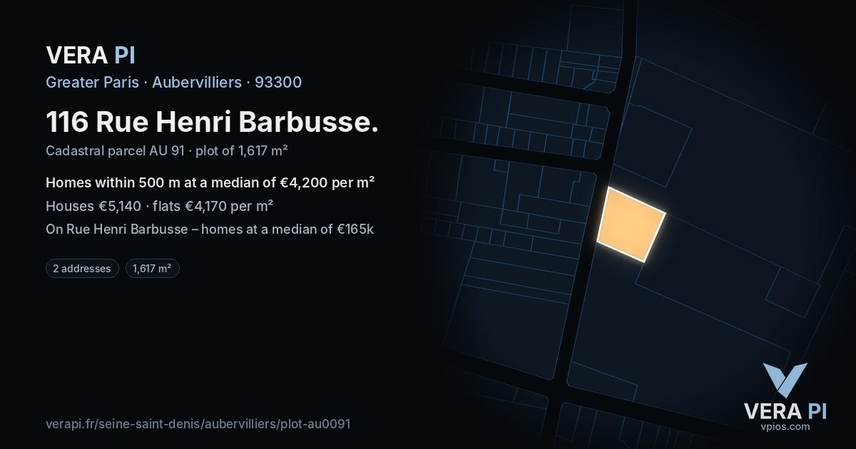 116 Rue Henri Barbusse, Aubervilliers at night – the plot lit, the parcels around coloured by the prices near them