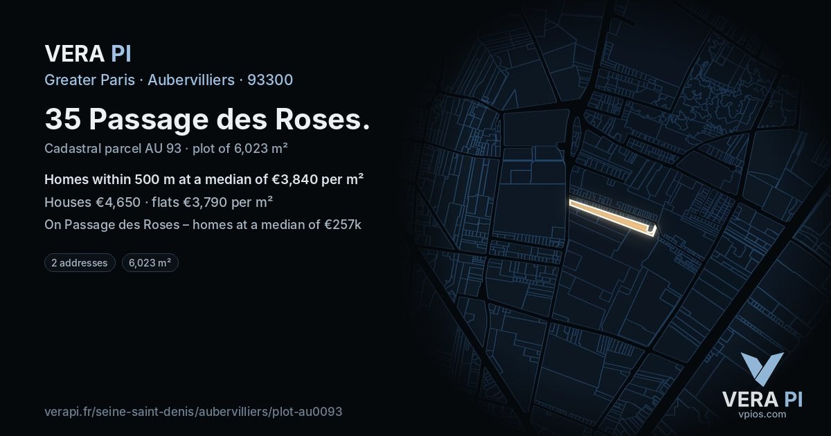 35 Passage des Roses, Aubervilliers at night – the plot lit, the parcels around coloured by the prices near them