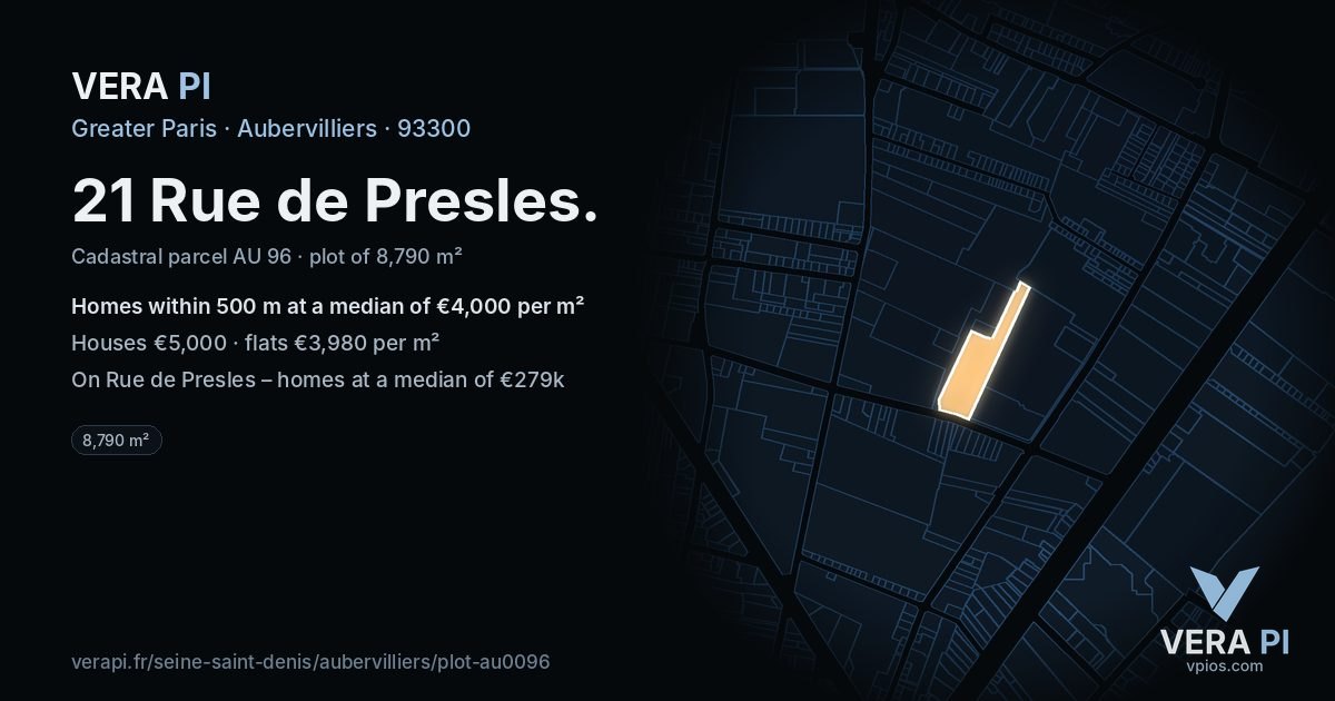 21 Rue de Presles, Aubervilliers at night – the plot lit, the parcels around coloured by the prices near them