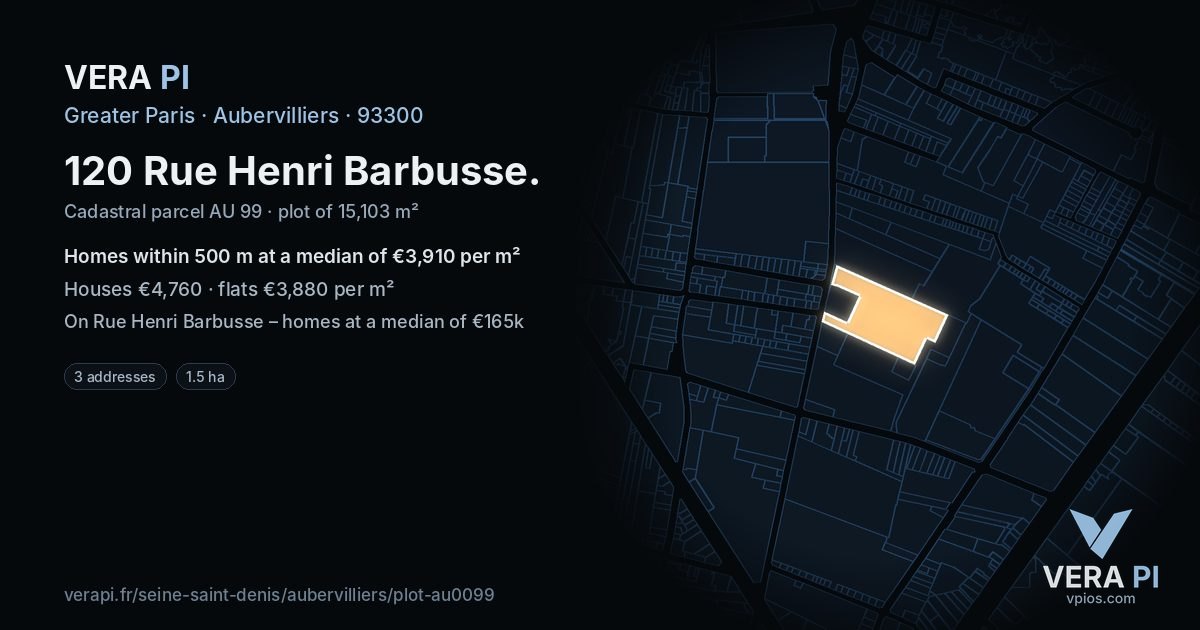 120 Rue Henri Barbusse, Aubervilliers at night – the plot lit, the parcels around coloured by the prices near them