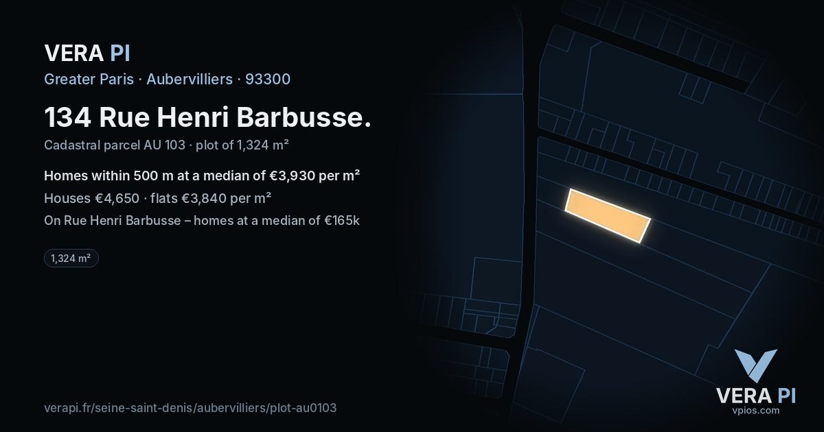 134 Rue Henri Barbusse, Aubervilliers at night – the plot lit, the parcels around coloured by the prices near them