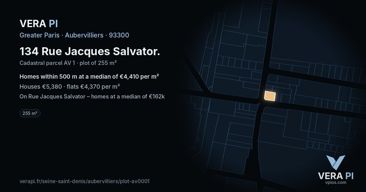 134 Rue Jacques Salvator, Aubervilliers at night – the plot lit, the parcels around coloured by the prices near them
