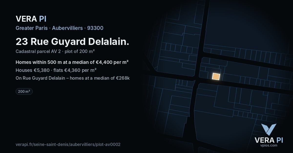 23 Rue Guyard Delalain, Aubervilliers at night – the plot lit, the parcels around coloured by the prices near them