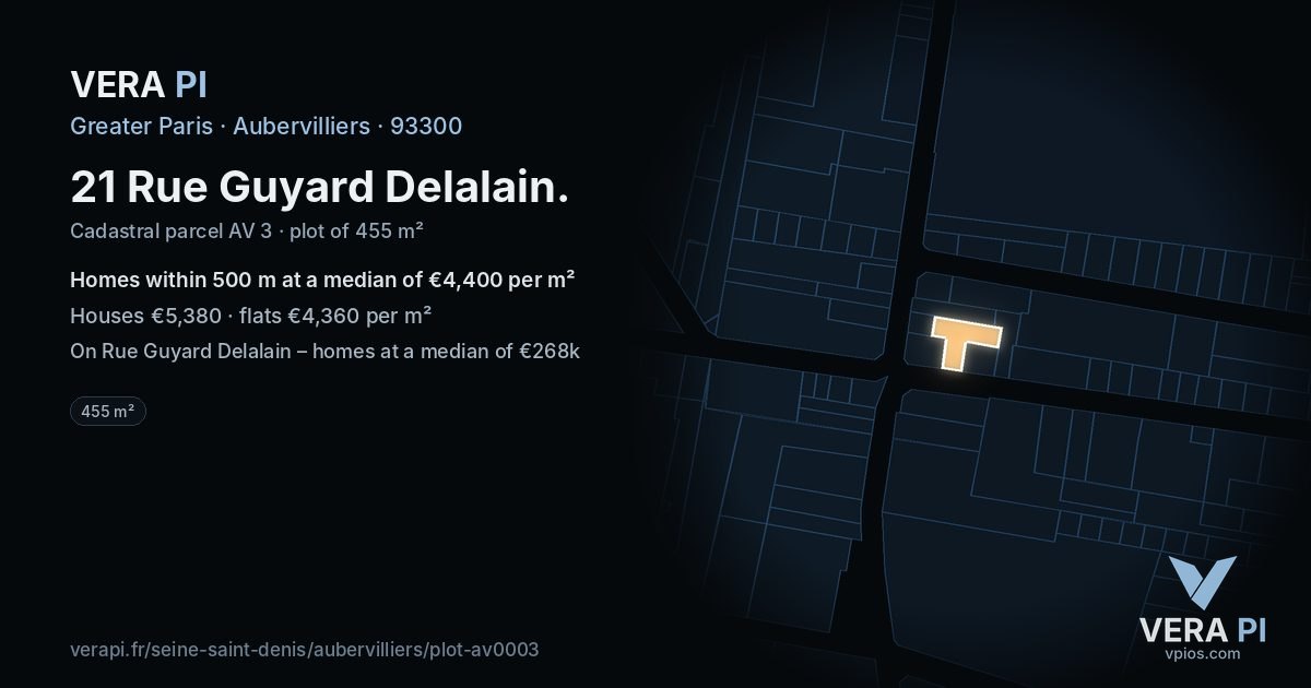 21 Rue Guyard Delalain, Aubervilliers at night – the plot lit, the parcels around coloured by the prices near them