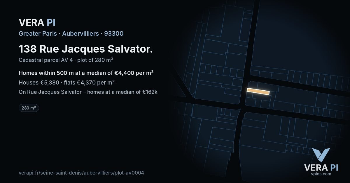 138 Rue Jacques Salvator, Aubervilliers at night – the plot lit, the parcels around coloured by the prices near them
