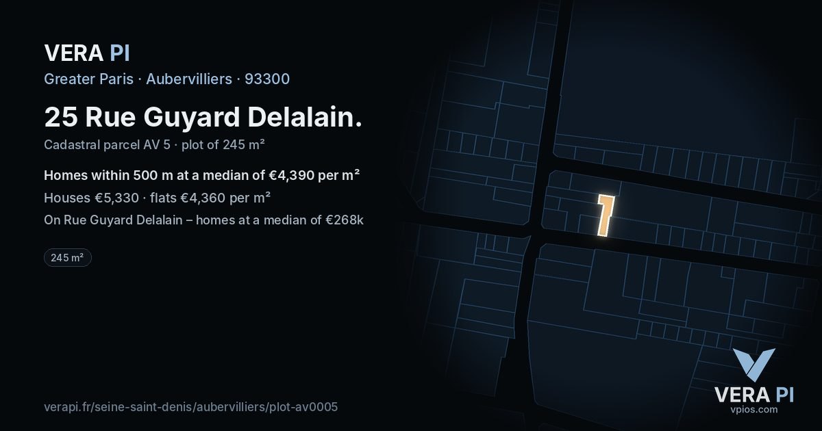 25 Rue Guyard Delalain, Aubervilliers at night – the plot lit, the parcels around coloured by the prices near them