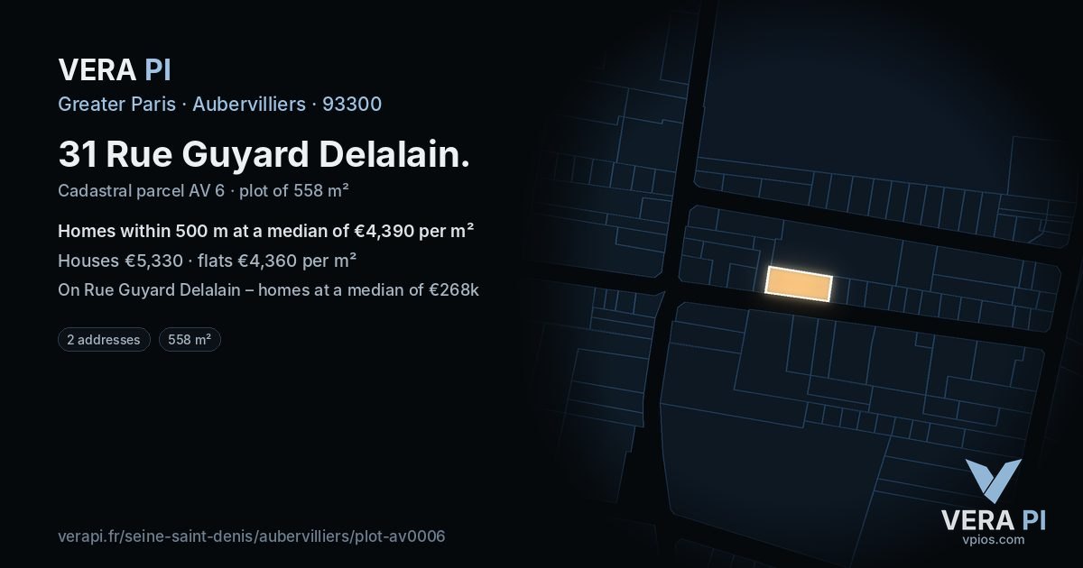 31 Rue Guyard Delalain, Aubervilliers at night – the plot lit, the parcels around coloured by the prices near them