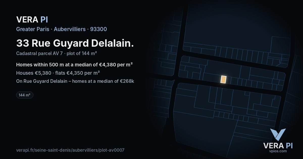 33 Rue Guyard Delalain, Aubervilliers at night – the plot lit, the parcels around coloured by the prices near them