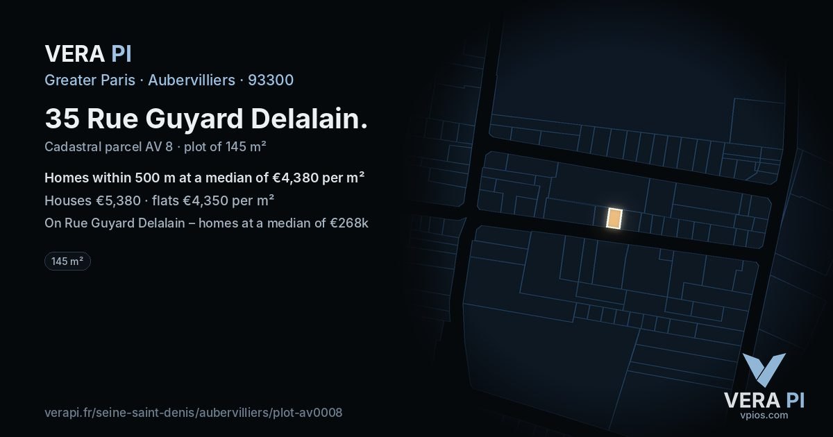 35 Rue Guyard Delalain, Aubervilliers at night – the plot lit, the parcels around coloured by the prices near them