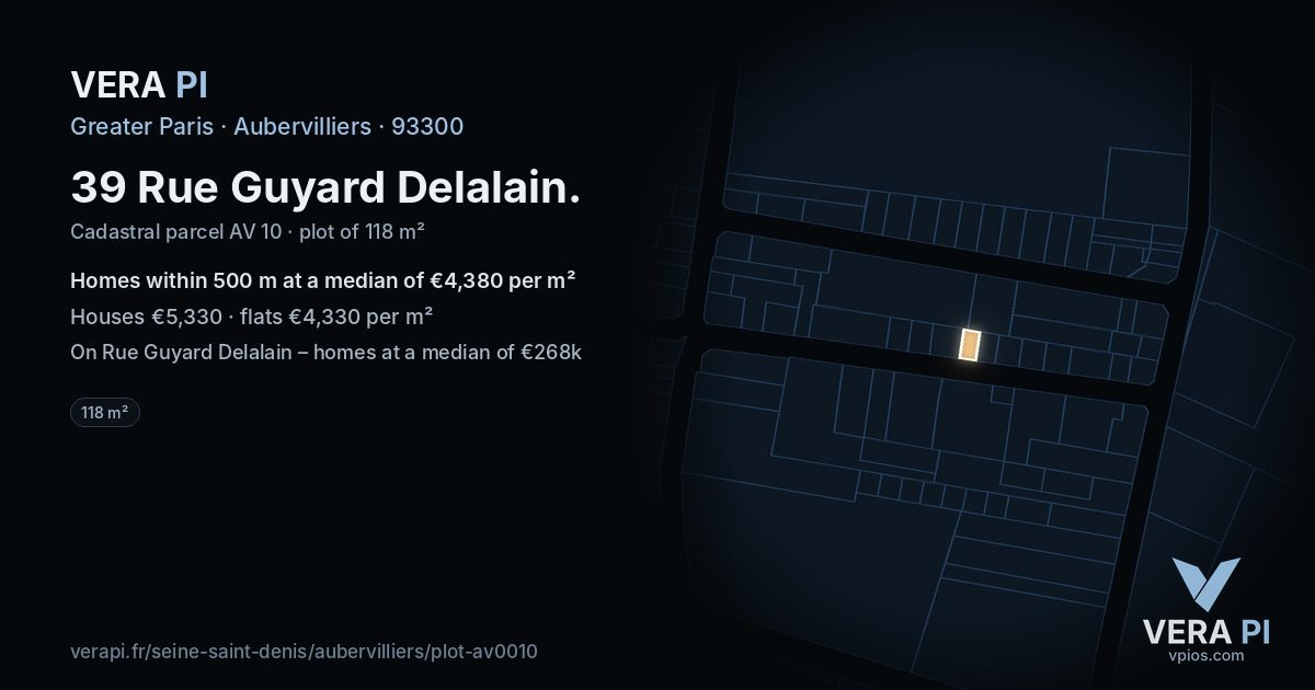 39 Rue Guyard Delalain, Aubervilliers at night – the plot lit, the parcels around coloured by the prices near them