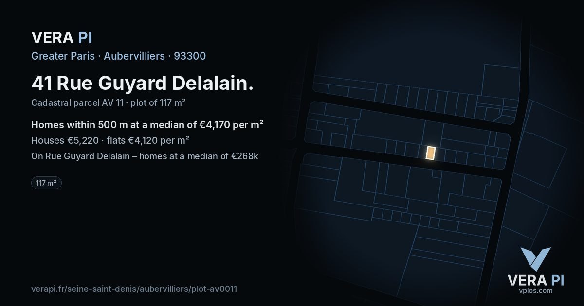 41 Rue Guyard Delalain, Aubervilliers at night – the plot lit, the parcels around coloured by the prices near them