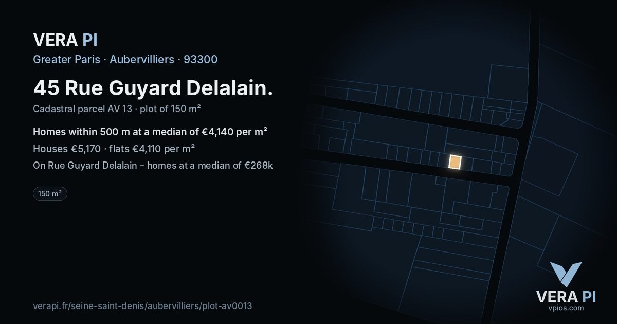 45 Rue Guyard Delalain, Aubervilliers at night – the plot lit, the parcels around coloured by the prices near them