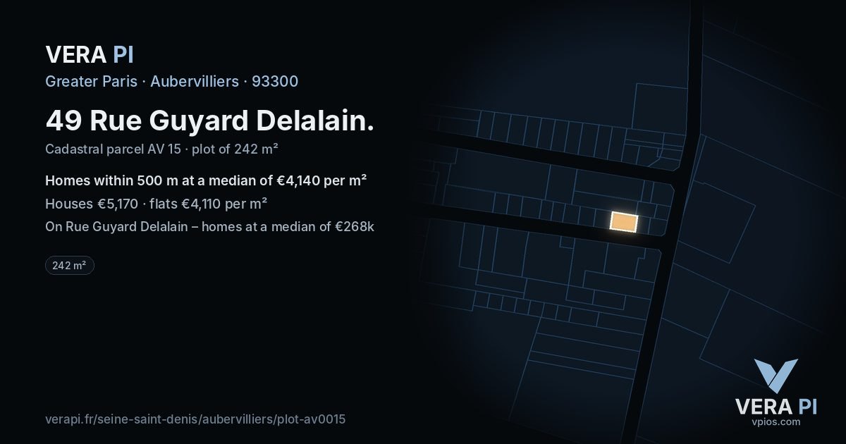 49 Rue Guyard Delalain, Aubervilliers at night – the plot lit, the parcels around coloured by the prices near them