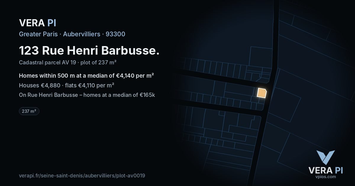 123 Rue Henri Barbusse, Aubervilliers at night – the plot lit, the parcels around coloured by the prices near them