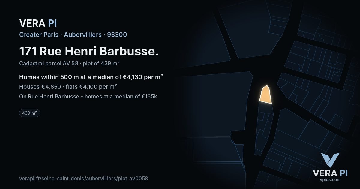 171 Rue Henri Barbusse, Aubervilliers at night – the plot lit, the parcels around coloured by the prices near them