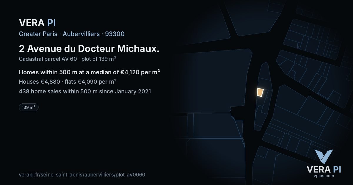 2 Avenue du Docteur Michaux, Aubervilliers at night – the plot lit, the parcels around coloured by the prices near them
