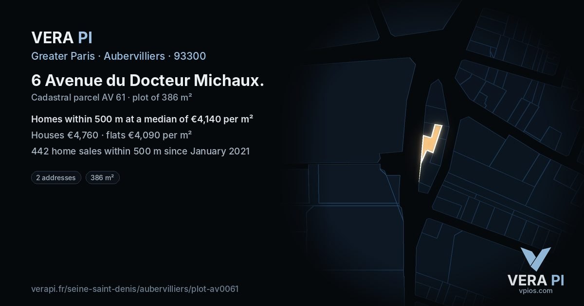 6 Avenue du Docteur Michaux, Aubervilliers at night – the plot lit, the parcels around coloured by the prices near them
