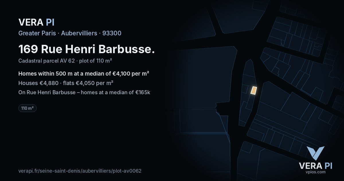 169 Rue Henri Barbusse, Aubervilliers at night – the plot lit, the parcels around coloured by the prices near them