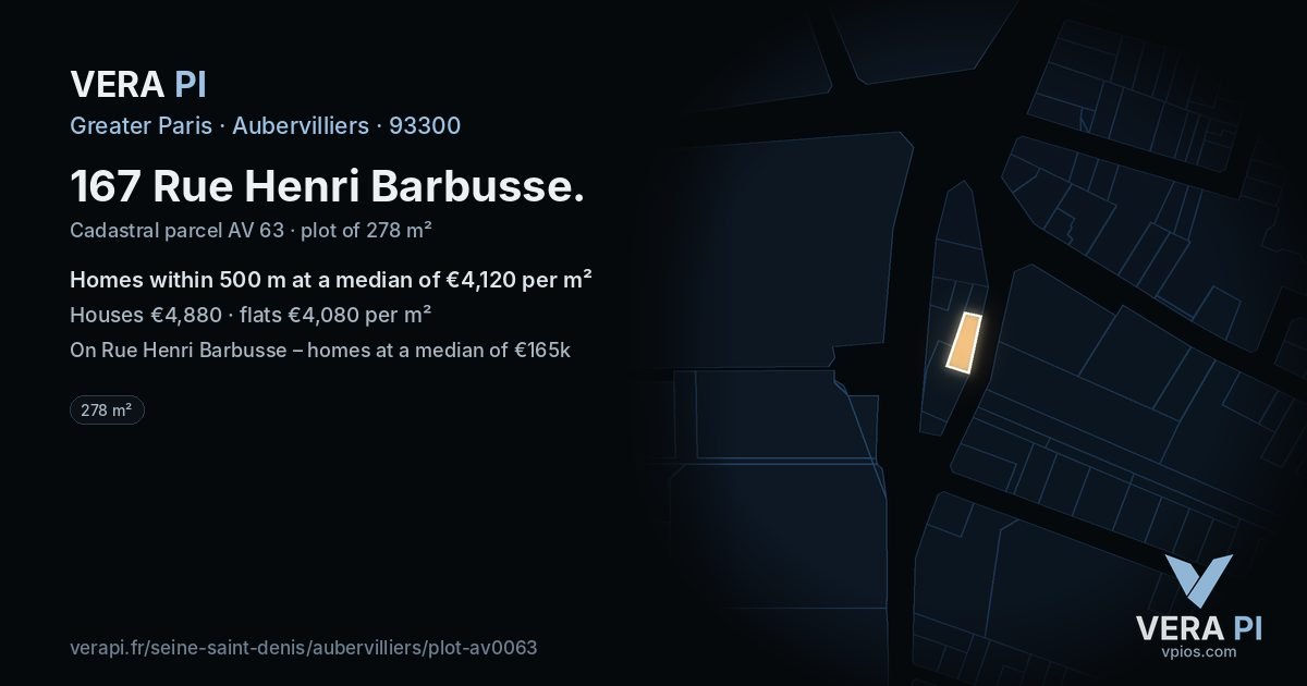 167 Rue Henri Barbusse, Aubervilliers at night – the plot lit, the parcels around coloured by the prices near them