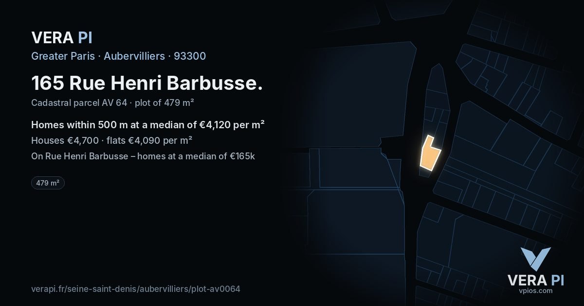 165 Rue Henri Barbusse, Aubervilliers at night – the plot lit, the parcels around coloured by the prices near them